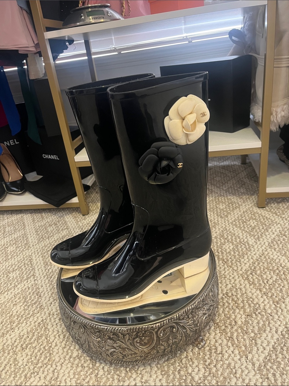 Authentic CHANEL Black Patent Rain Boots with Black and Cream Camellia